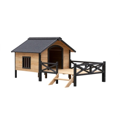 Caseta de madera grande para perro estilo cabaña de exterior con porche